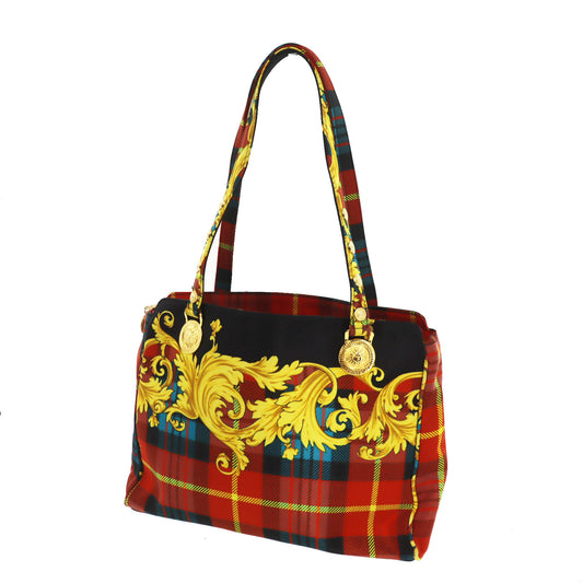 GIANNI VERSACE Used Tote Shoulder Bag Red Black Blue Canvas Vintage #AH100