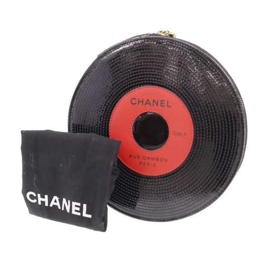 CHANEL Black Red Record Motif Disc Chain Clutch Bag Patent Leather #CJ876