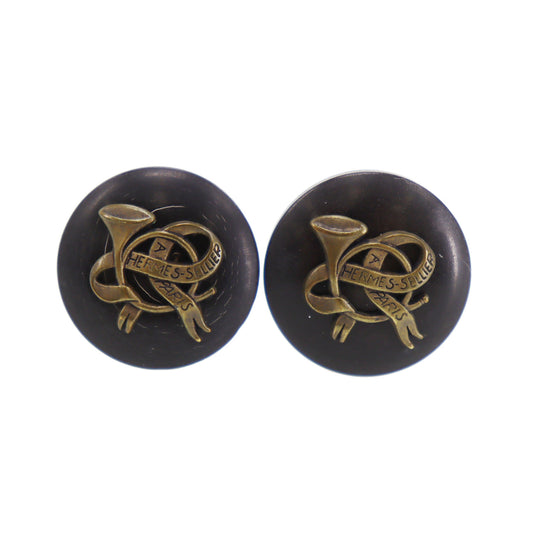 HERMES Horn Motif Circle Black Gold Earrings Clip-On #CP922