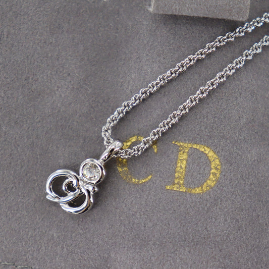 Christian Dior CD Logo Chain Necklace Rhinestone Silver #CR233