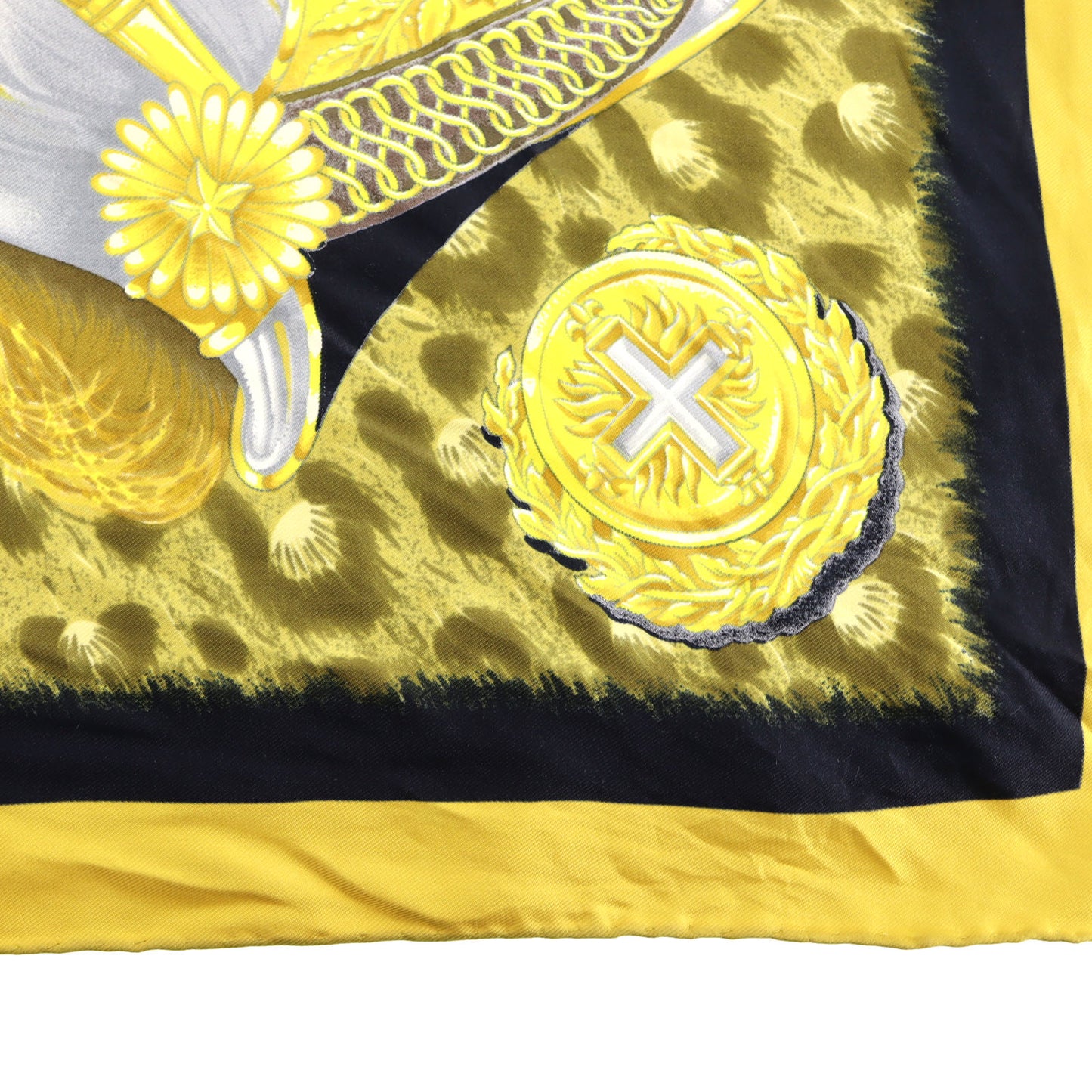 HERMES Logos Scarf Yellow Black 100% Silk #BY468