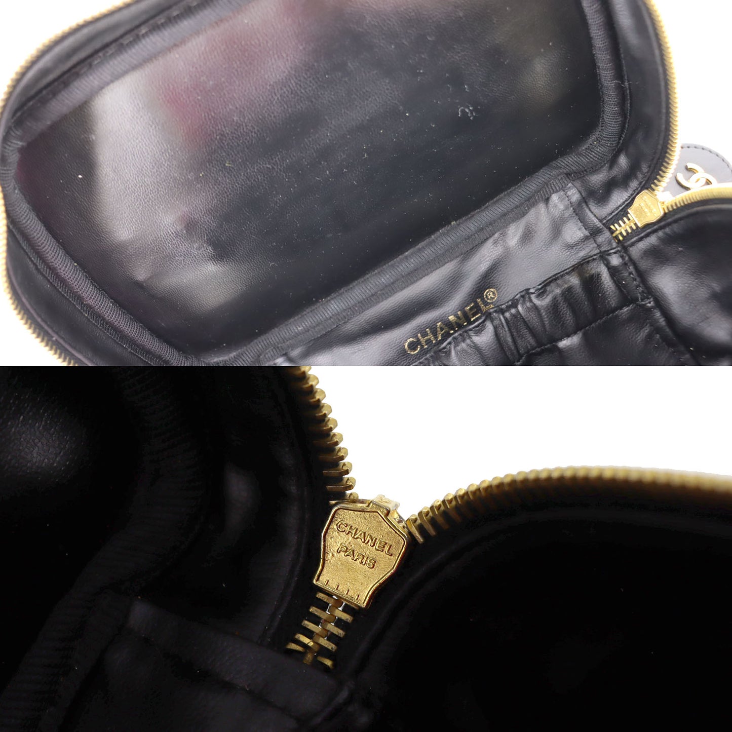 CHANEL Bicolore Handbag Vanity Pouch Black Lambskin #AH632