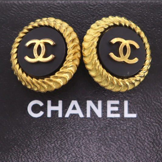 CHANEL CC Logos Earrings Gold Black Clip-On 95P #BX867