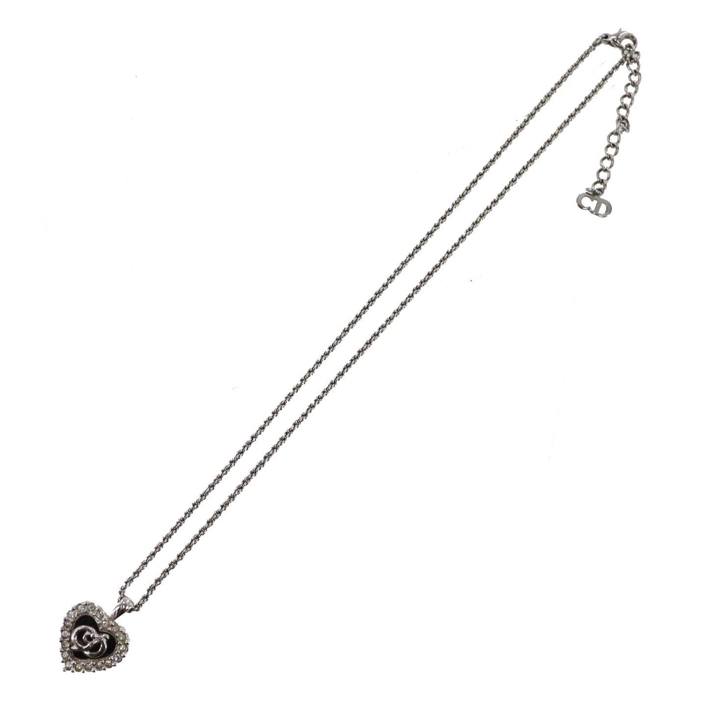 Christian Dior CD Logo Chain Heart Necklace Rhinestone Silver #CR578