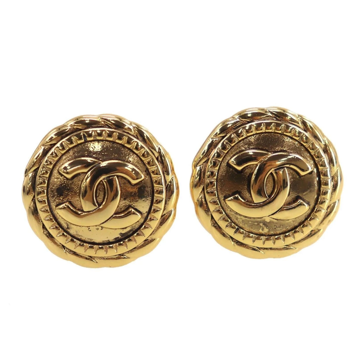 CHANEL CC Logos Circle Earrings Gold Clip-On France 2398 #AE782