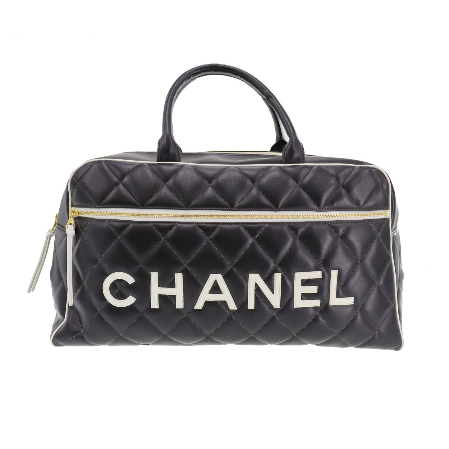 CHANEL Quilted Boston Handbag Black Leather #CK542