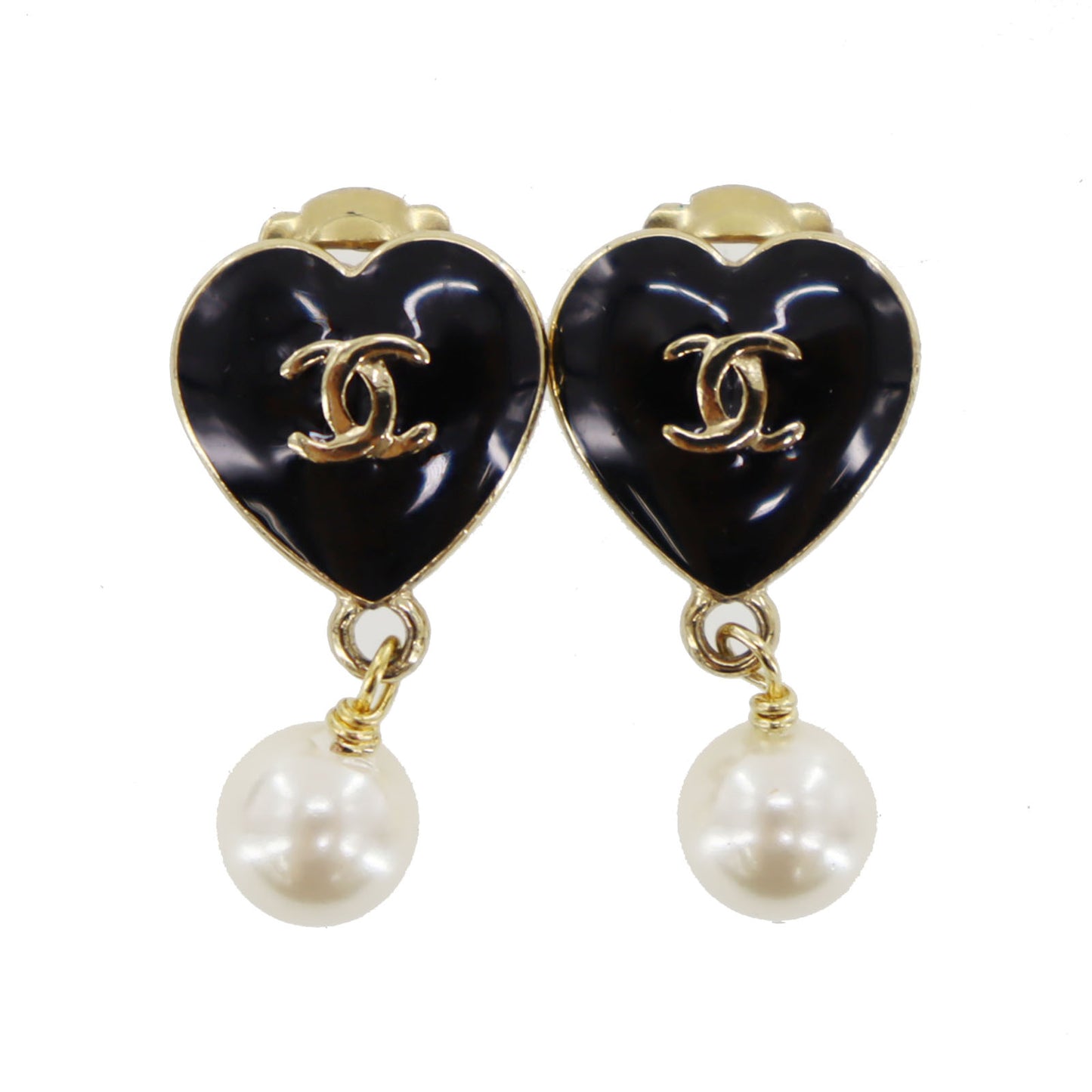 CHANEL CC Logos Pearl Earrings Black Gold Clip-On 04 A #CD541