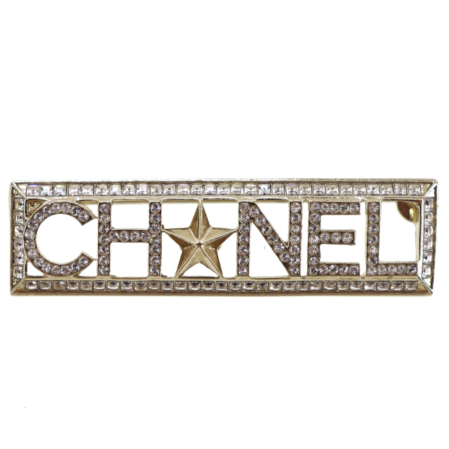 CHANEL Logos Pin Brooch Rhinestone Star White Gold A17 C #AG867