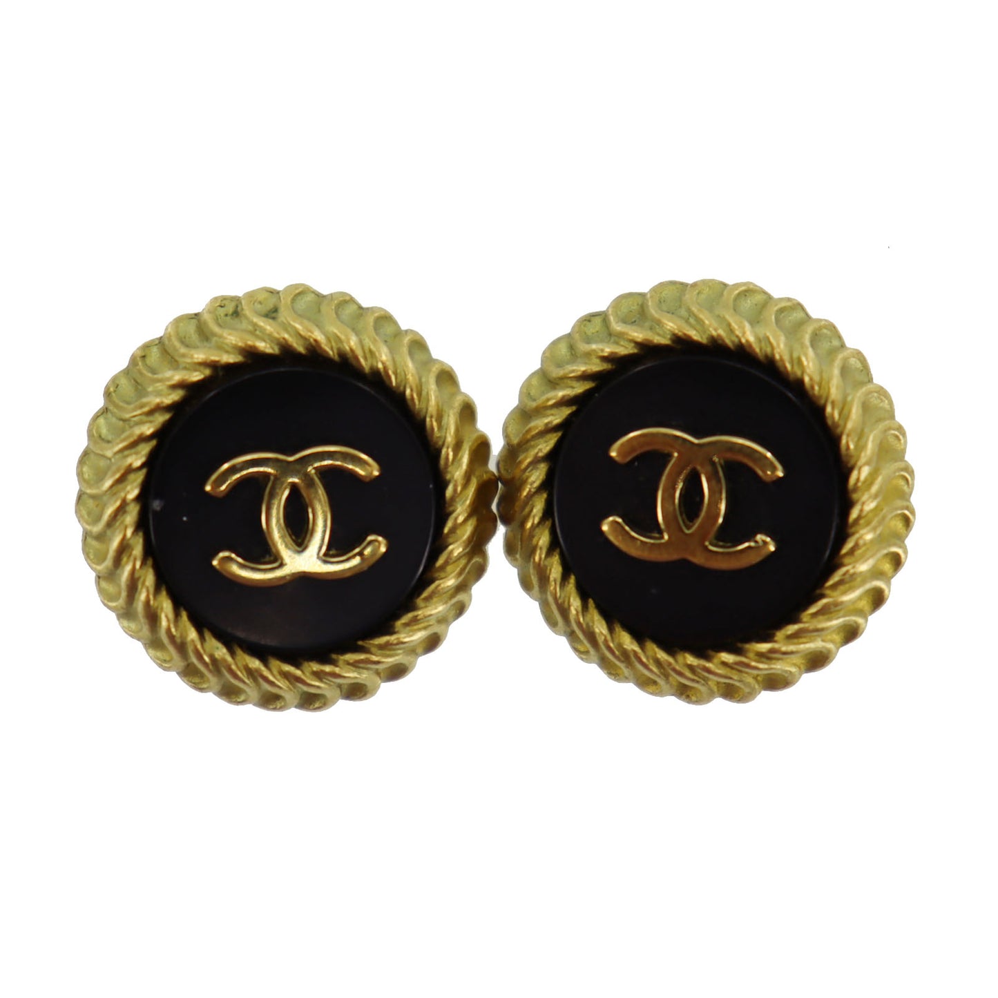 CHANEL CC Logos Circle Earrings Gold Black Clip-On 95C  #AH683