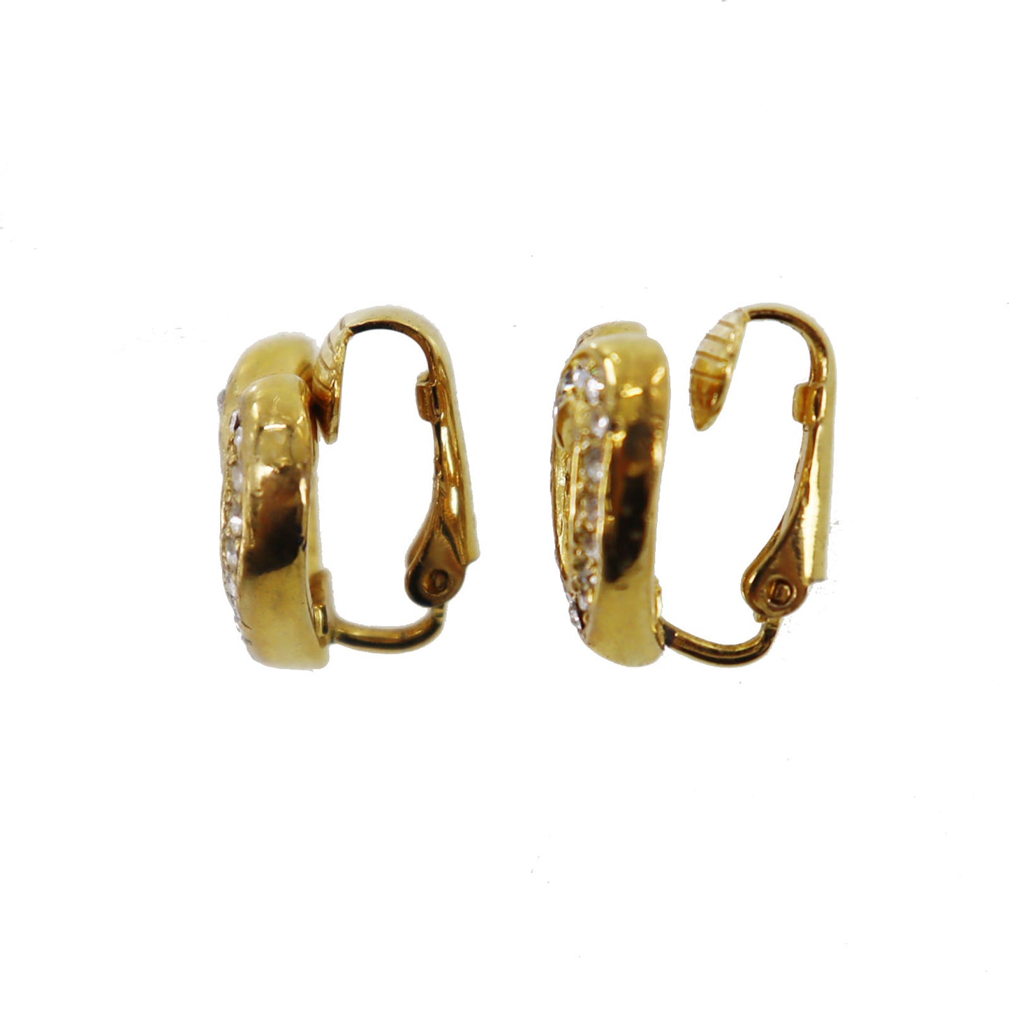 Christian Dior CD Logos Heart Rhinestone Earrings Gold Plated #BO767