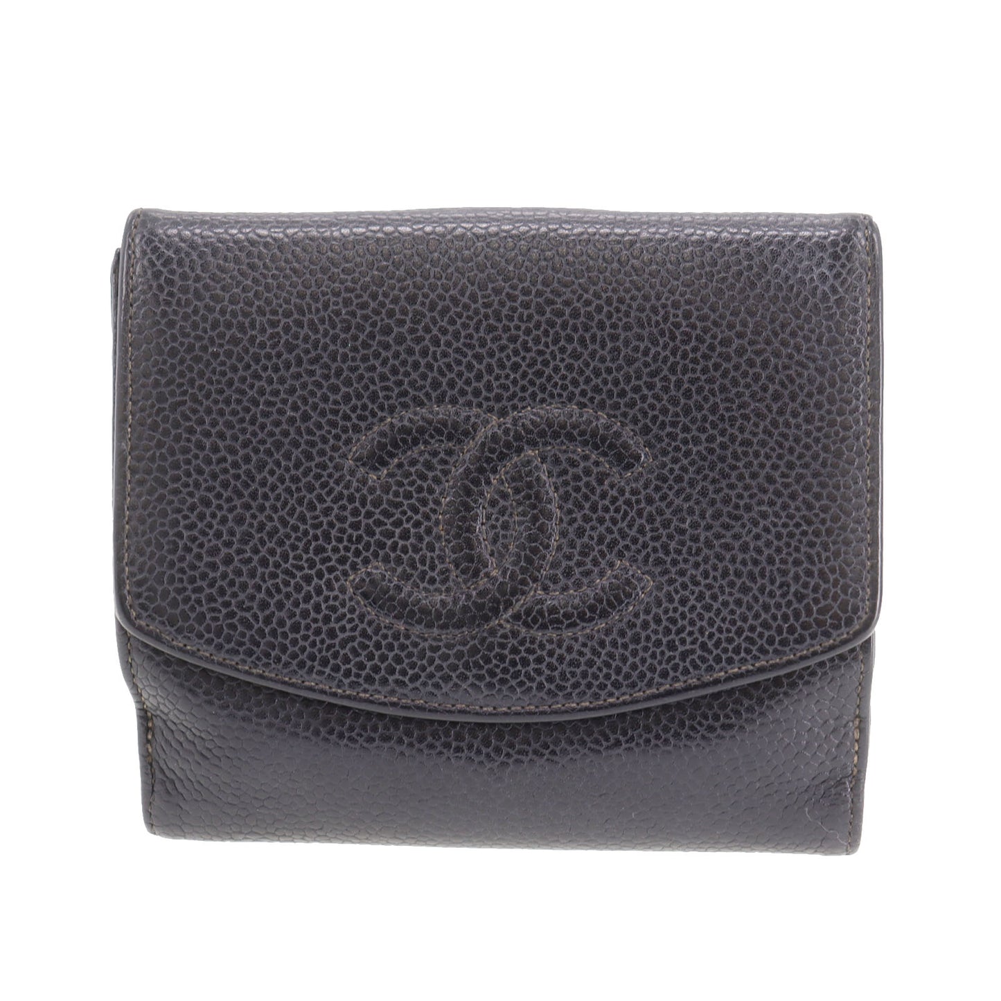 CHANEL CC Logos Bi-fold Wallet Black Caviar Skin Leather #CF129