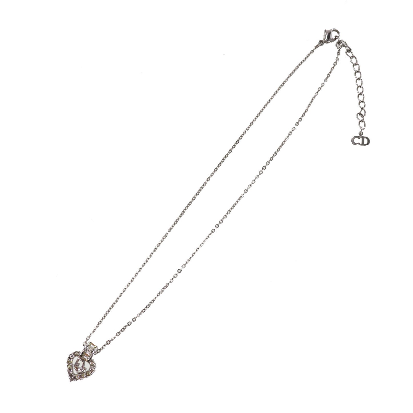 Christian Dior Heart Rhinestone Chain Necklace Silver #CS544