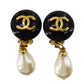 CHANEL CC Logos Pearl Earrings Black Gold Clip-On 96P #BK494