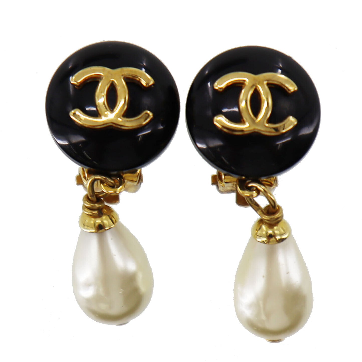 CHANEL CC Logos Pearl Earrings Black Gold Clip-On 96P #BK494