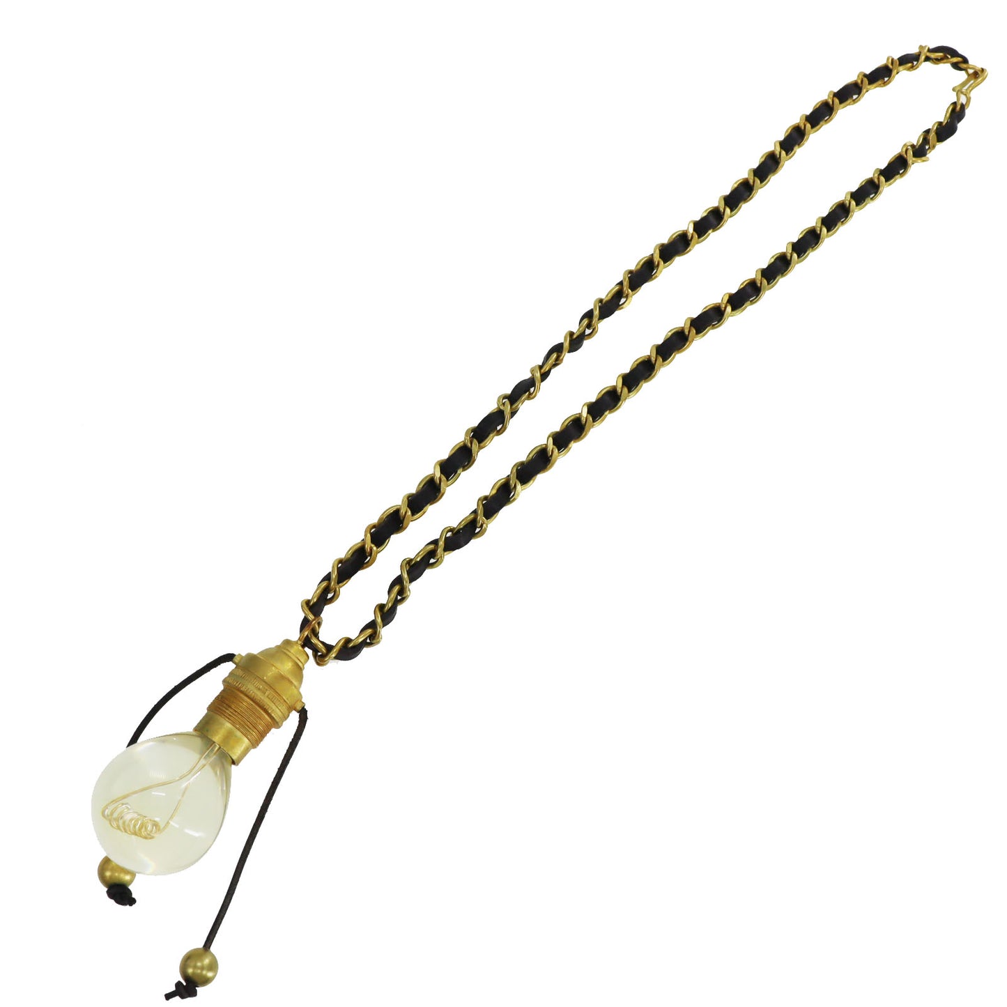 CHANEL Light Bulb Gold Plated Leather Long Necklace 94P #CL314