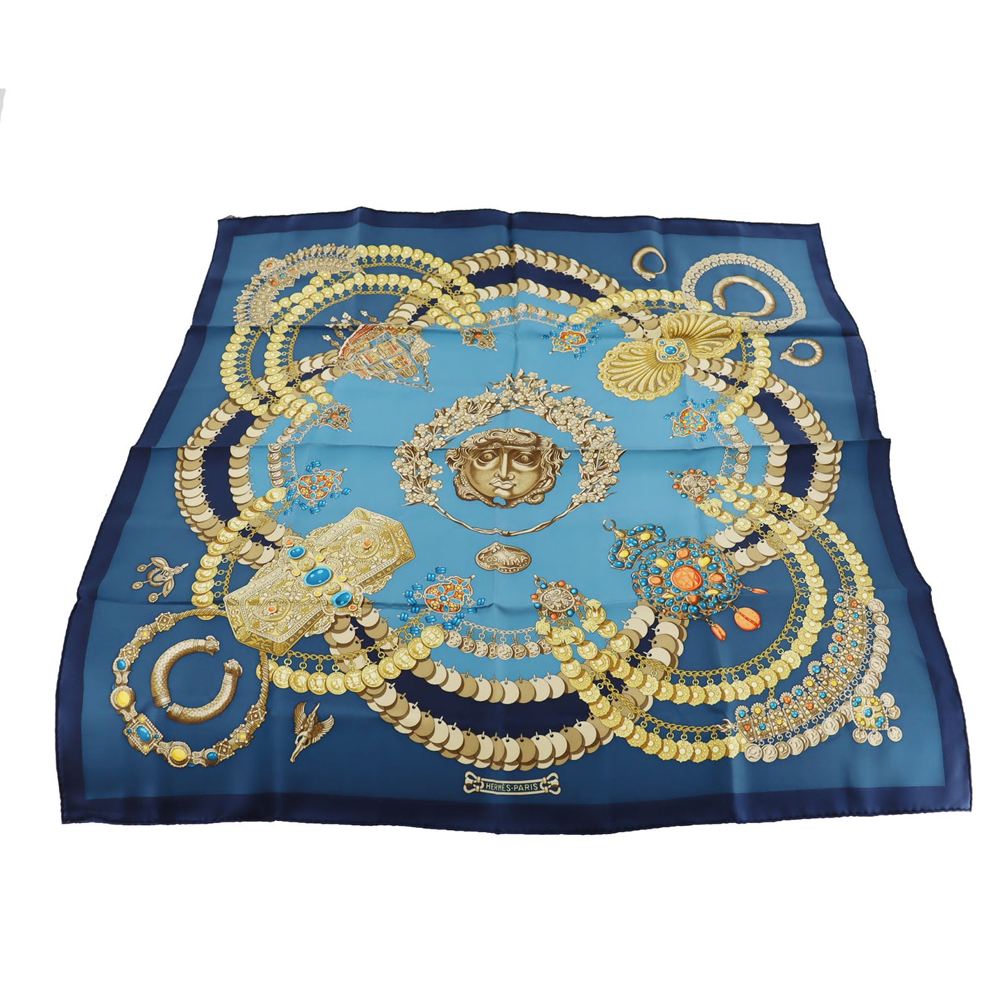 HERMES Logos Jewelry Design Large Scarf Blue 100% Silk #BY629