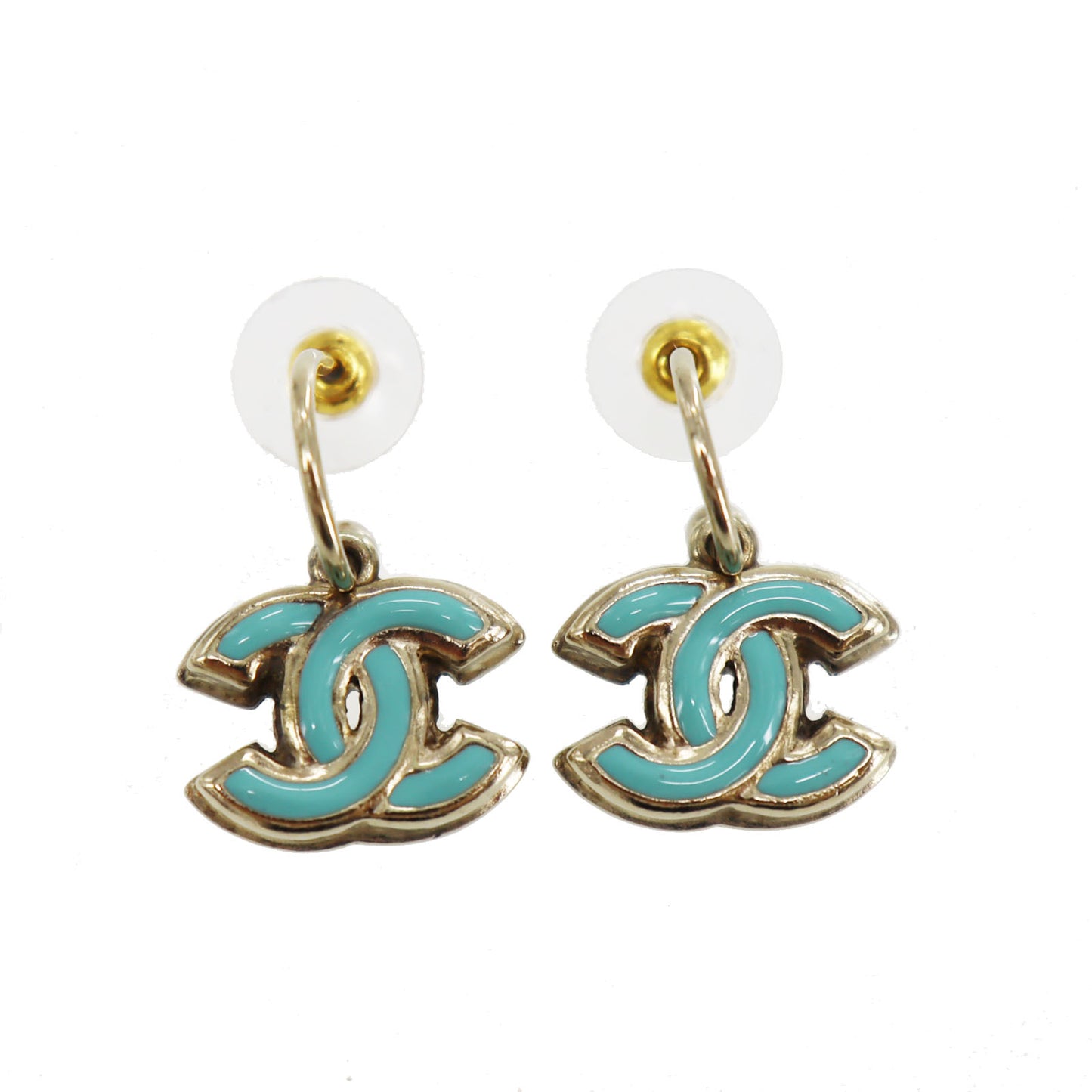 CHANEL CC Logos Piercing Earrings White Gold Light Blue 08P #CG53