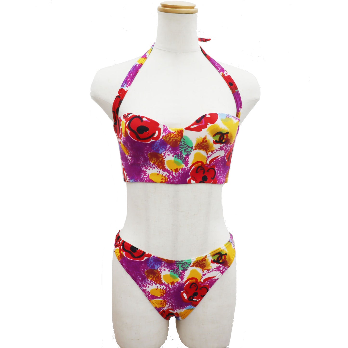 CHANEL Swimwear Flower Bikini Multicolor Nylon Spandex Size 38 #AG358