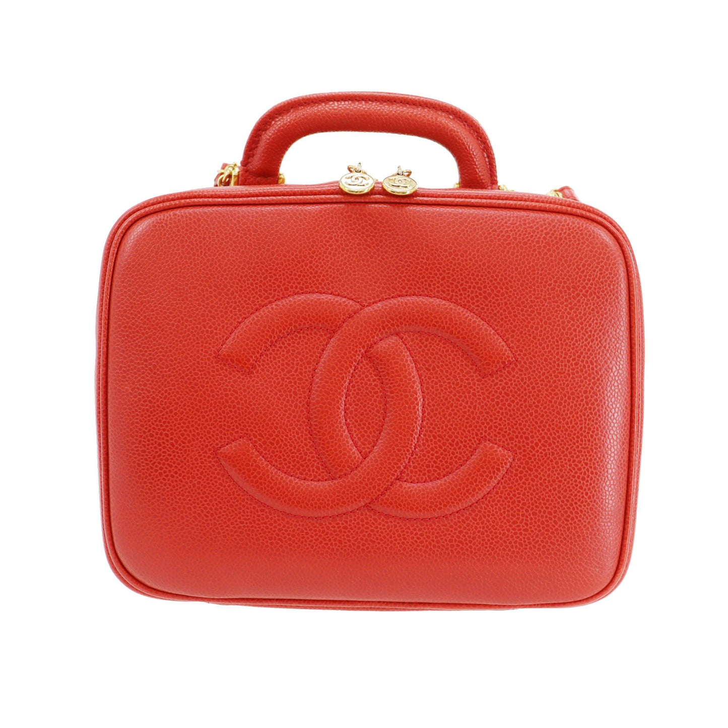 CHANEL CC Shoulder Handbag Vanity Red Caviar Skin Leather #CF934