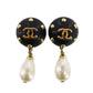 CHANEL CC Logos Pearl Earrings Black Gold Clip-On 96C  #BR700