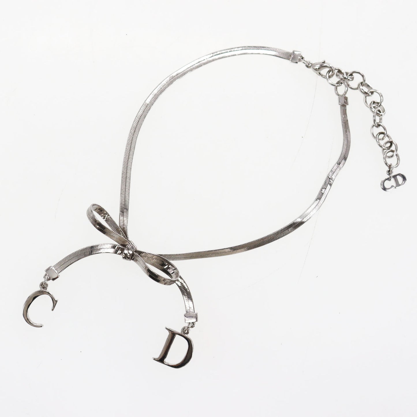 Christian Dior CD Logo Bow Used Anklet Silver Vinatge #CB821