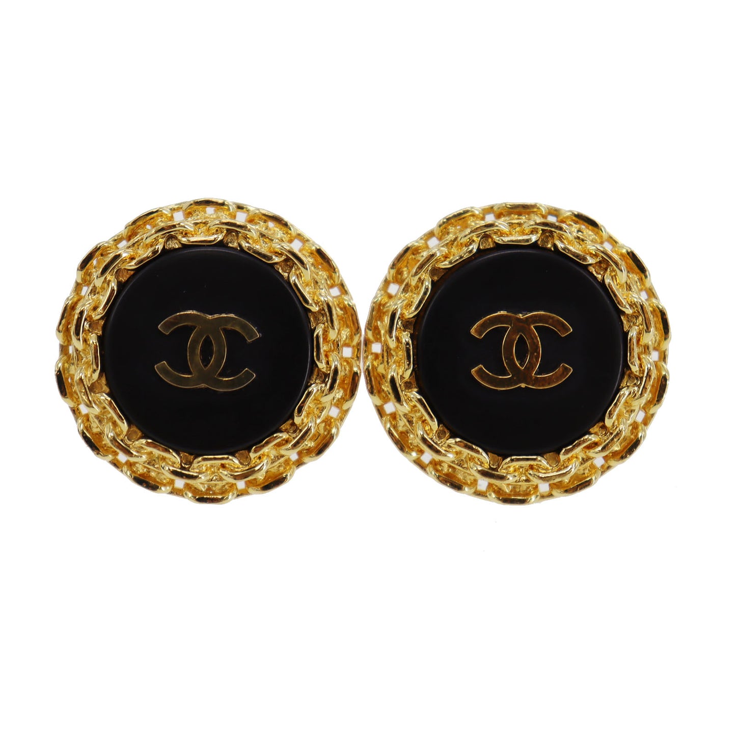 CHANEL CC Logos Earrings Gold Black Clip-On 2 9 #CH197