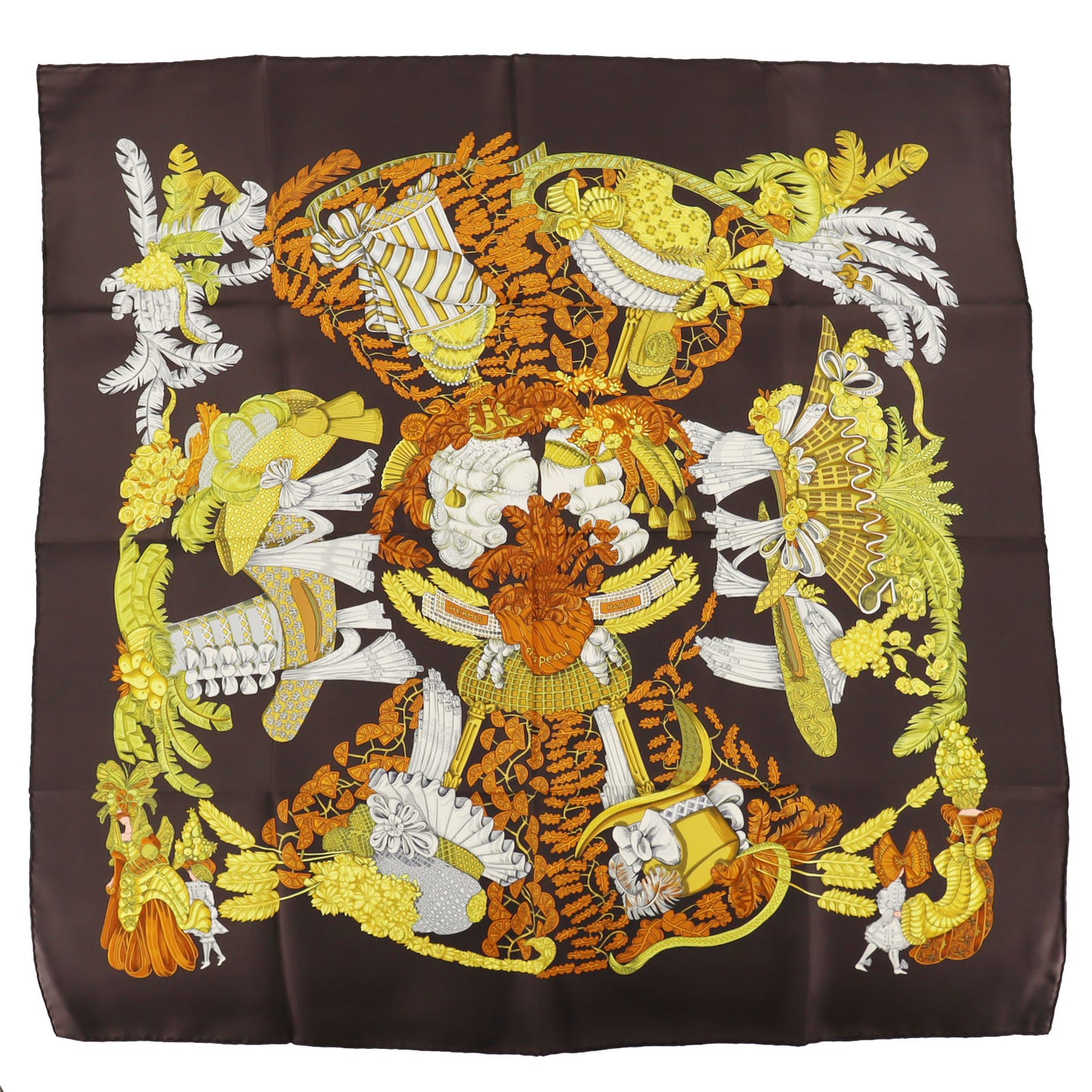 HERMES Logos Botanical Hat Design Large Silk Scarf Brown #AG543