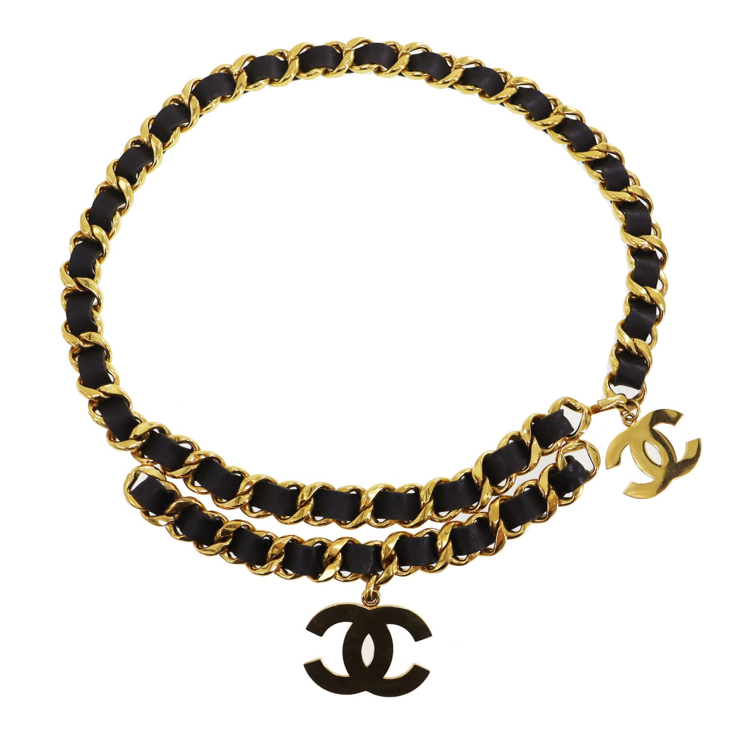 CHANEL Logos Chain Used Waist Belt Black Gold Leather #CD423