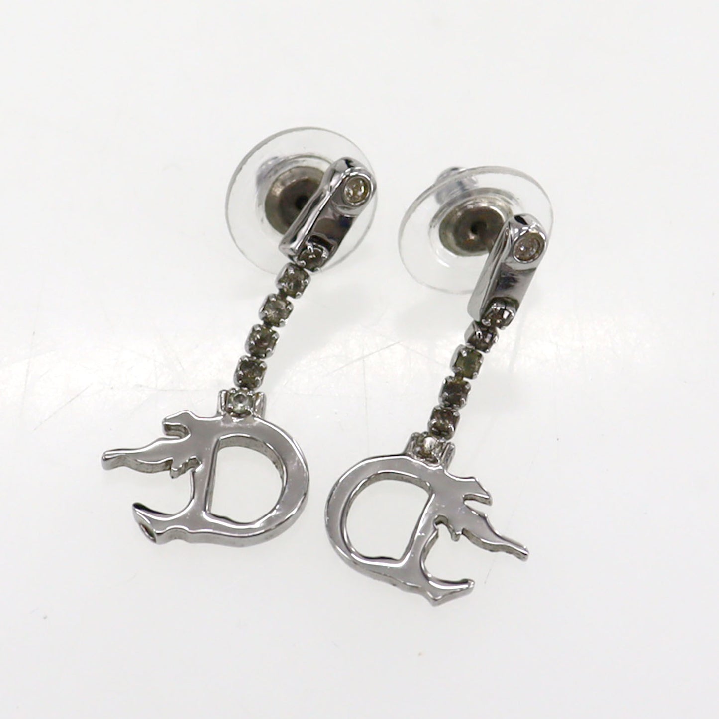Christian Dior D Logos Fire Motif Piercing Silver Stone Earrings #CG657