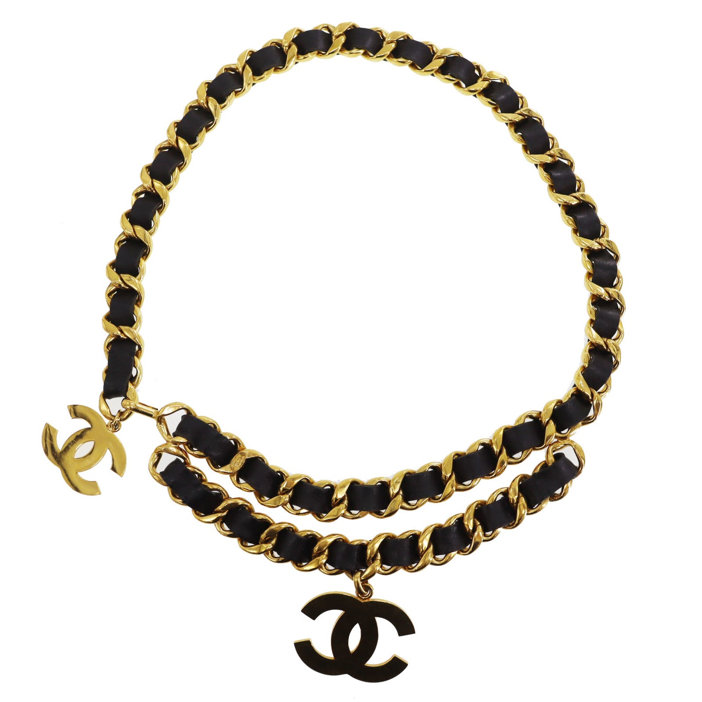 CHANEL Logos Chain Used Waist Belt Black Gold Leather #CD423