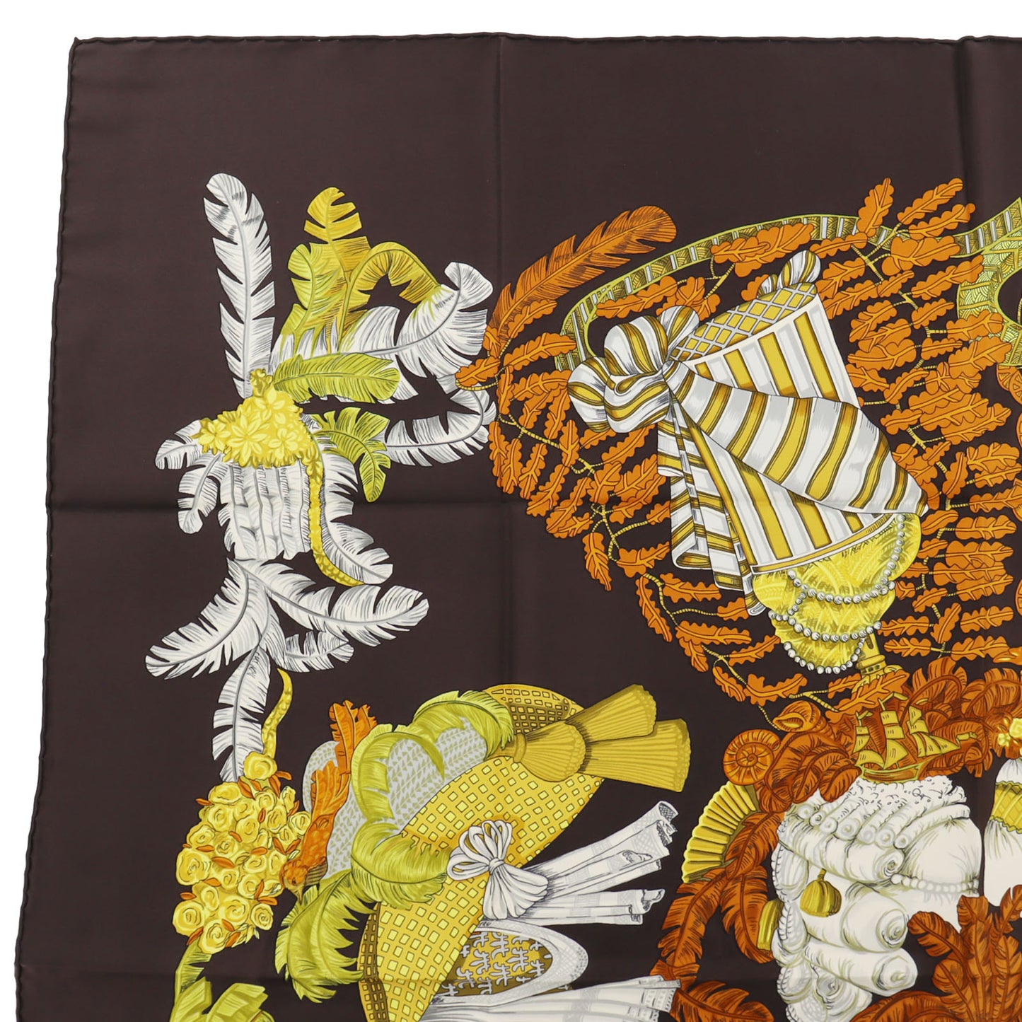 HERMES Logos Botanical Hat Design Large Silk Scarf Brown #AG543