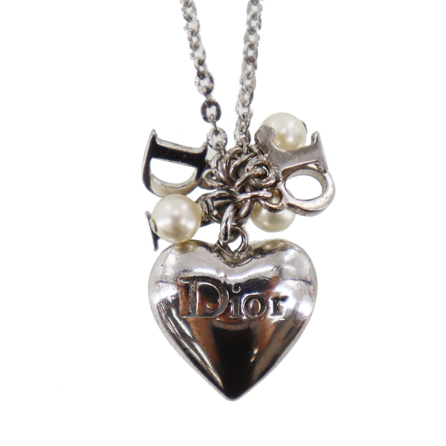 Christian Dior Logo Heart Chain Necklace Silver #CW544