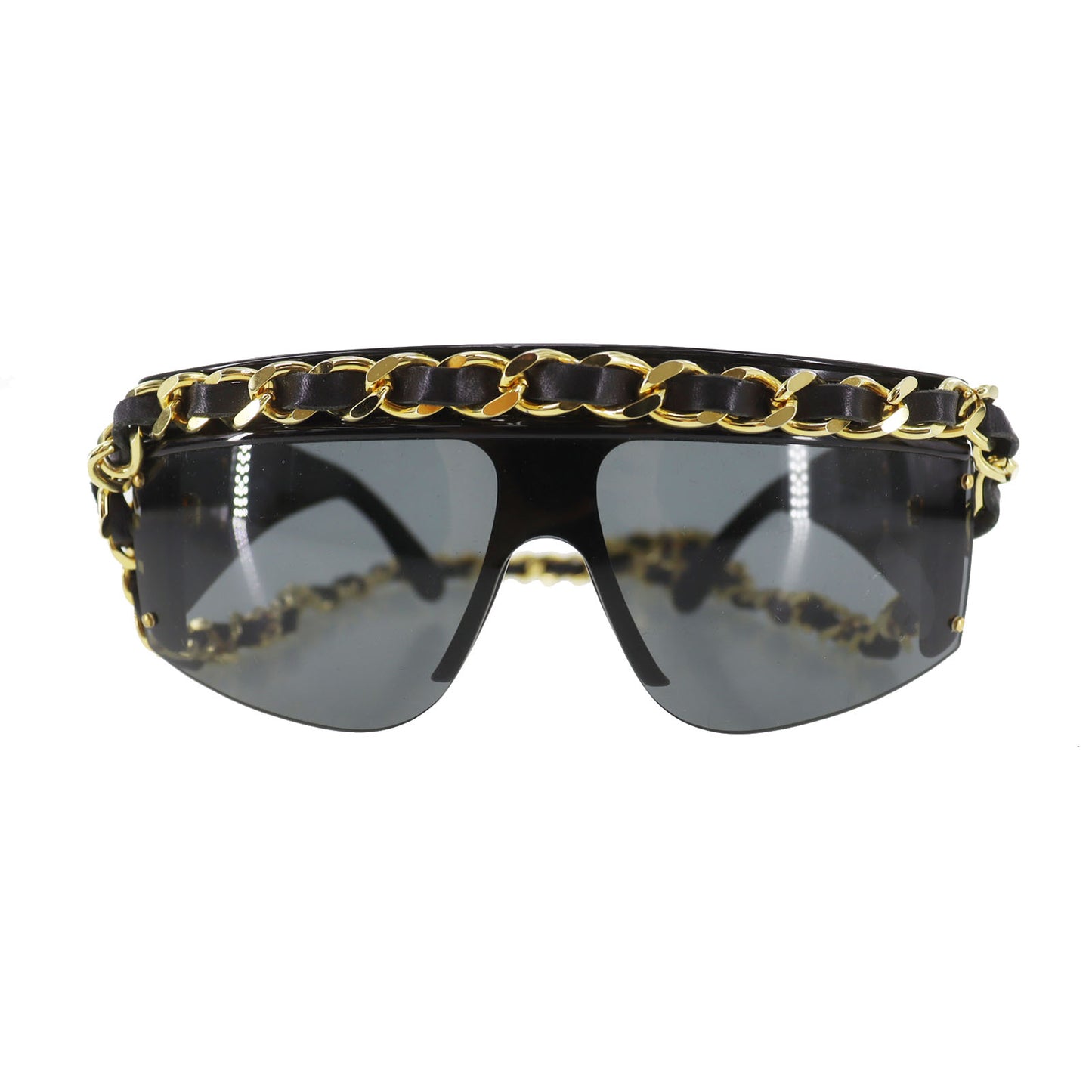 CHANEL Chain Used Sunglasses Black Shield Eye Wear Italy #CU905