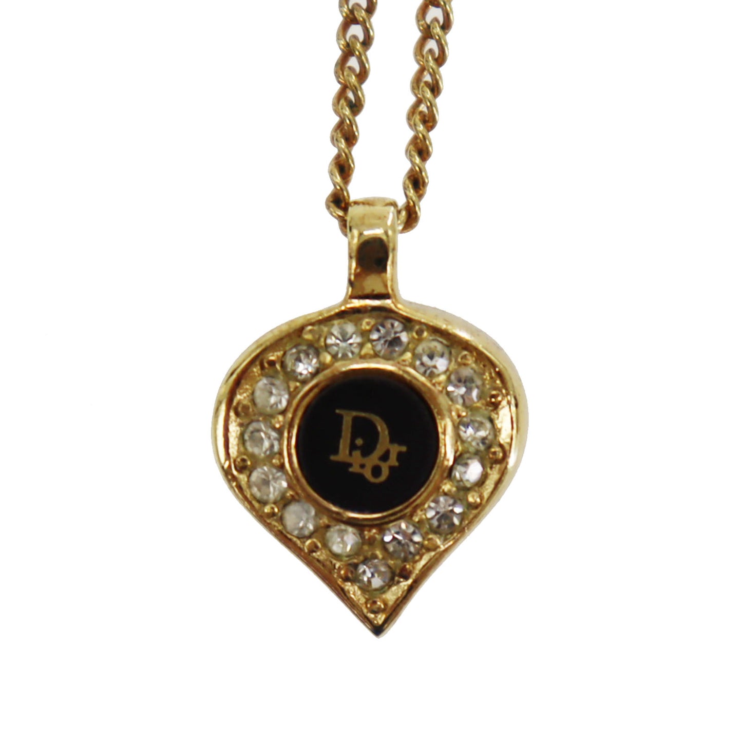 Christian Dior CD Logo Rhinestone Chain Necklace Gold #CB169