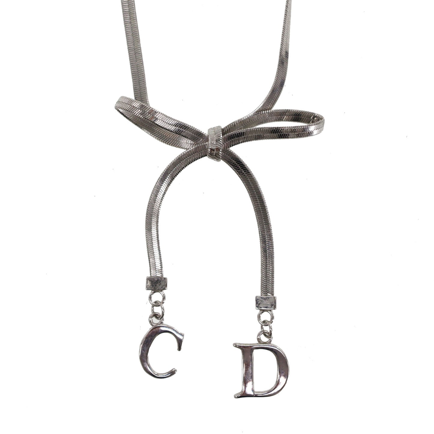 Christian Dior CD Logo Ribbon Necklace Silver #CR418