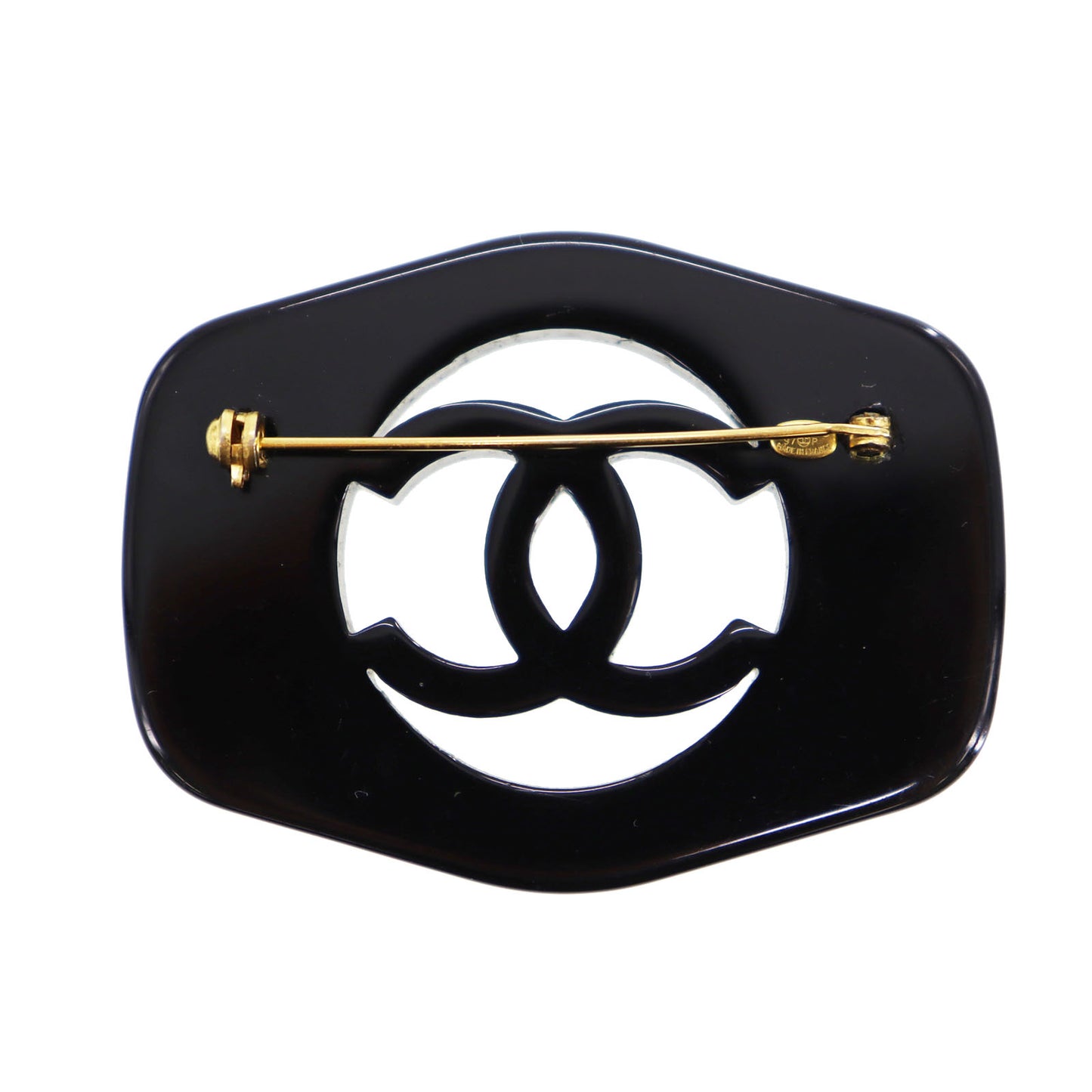 CHANEL CC Logos Pin Brooch Black Plastic 97 P #CJ485