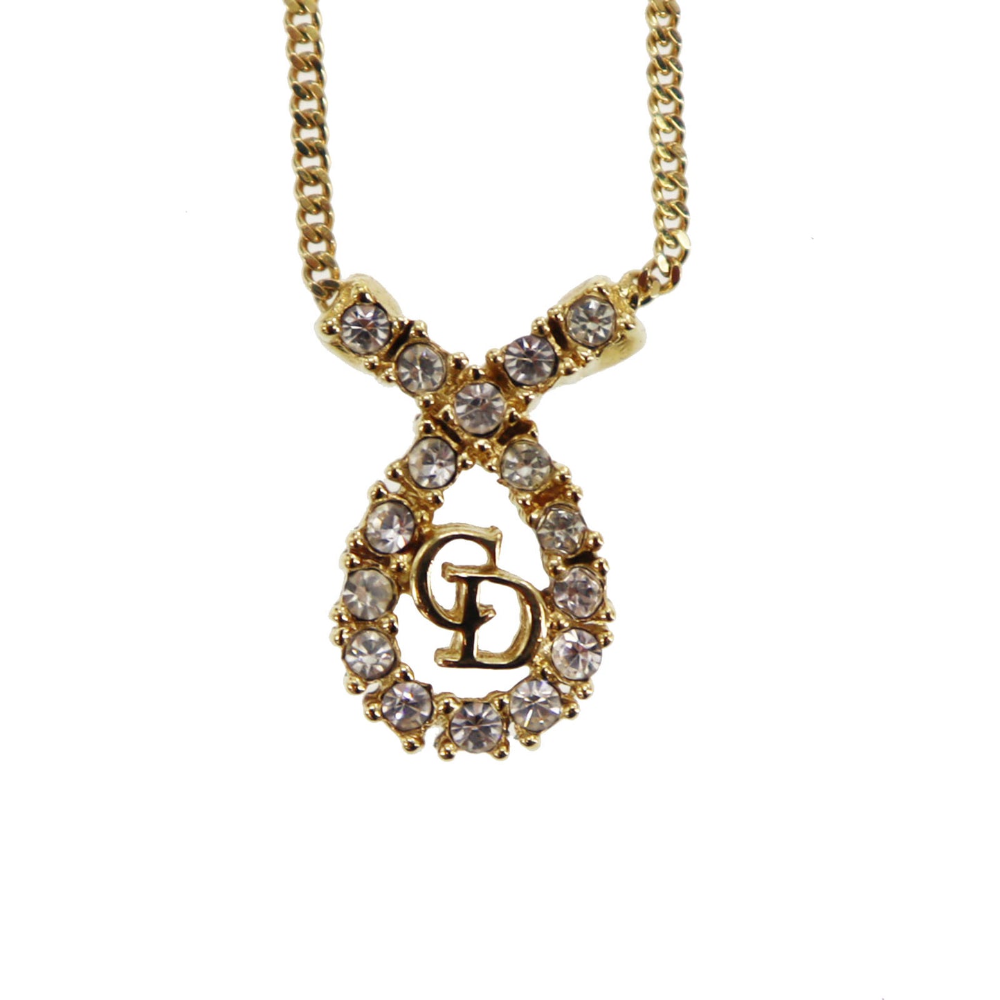 Christian Dior CD Logo Rhinestone Chain Necklace Gold #CO581