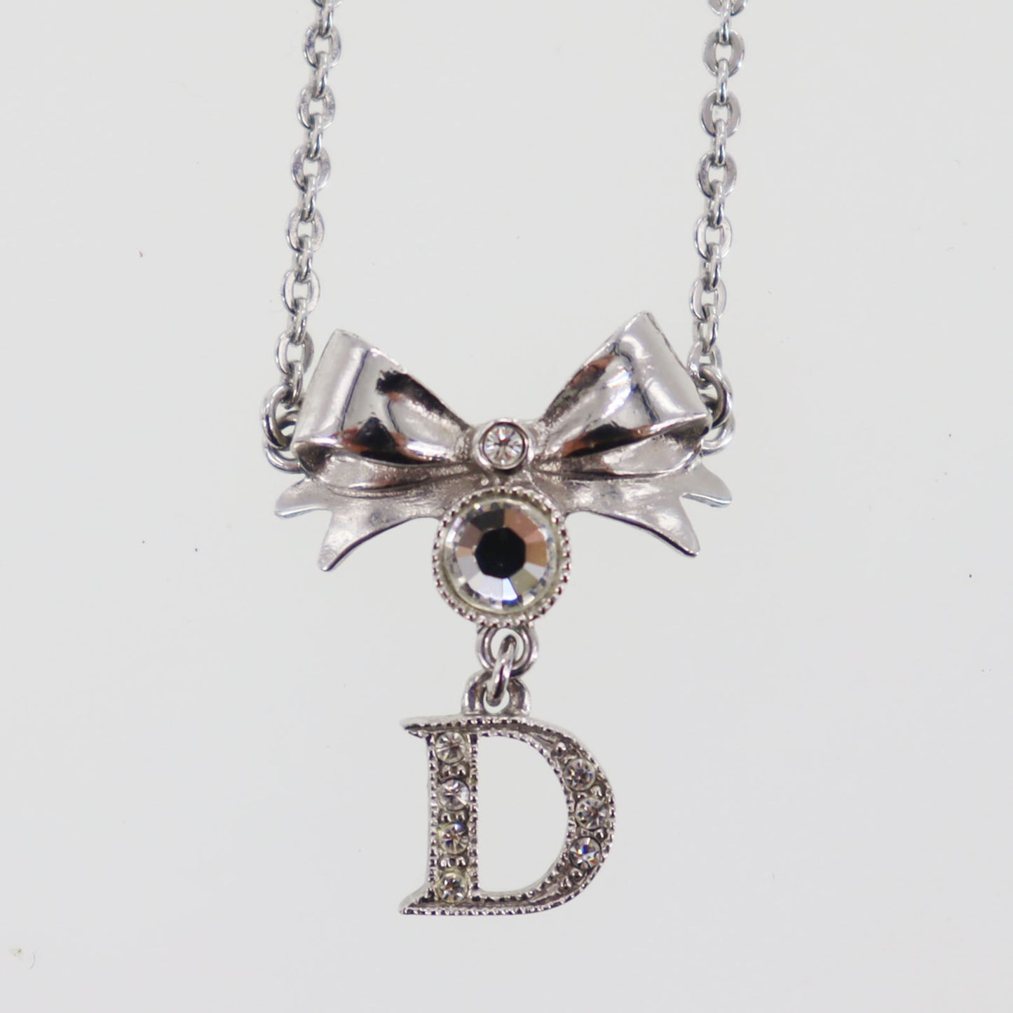 Christian Dior CD Logo Bow Necklace Silver Rhinestones #EC225