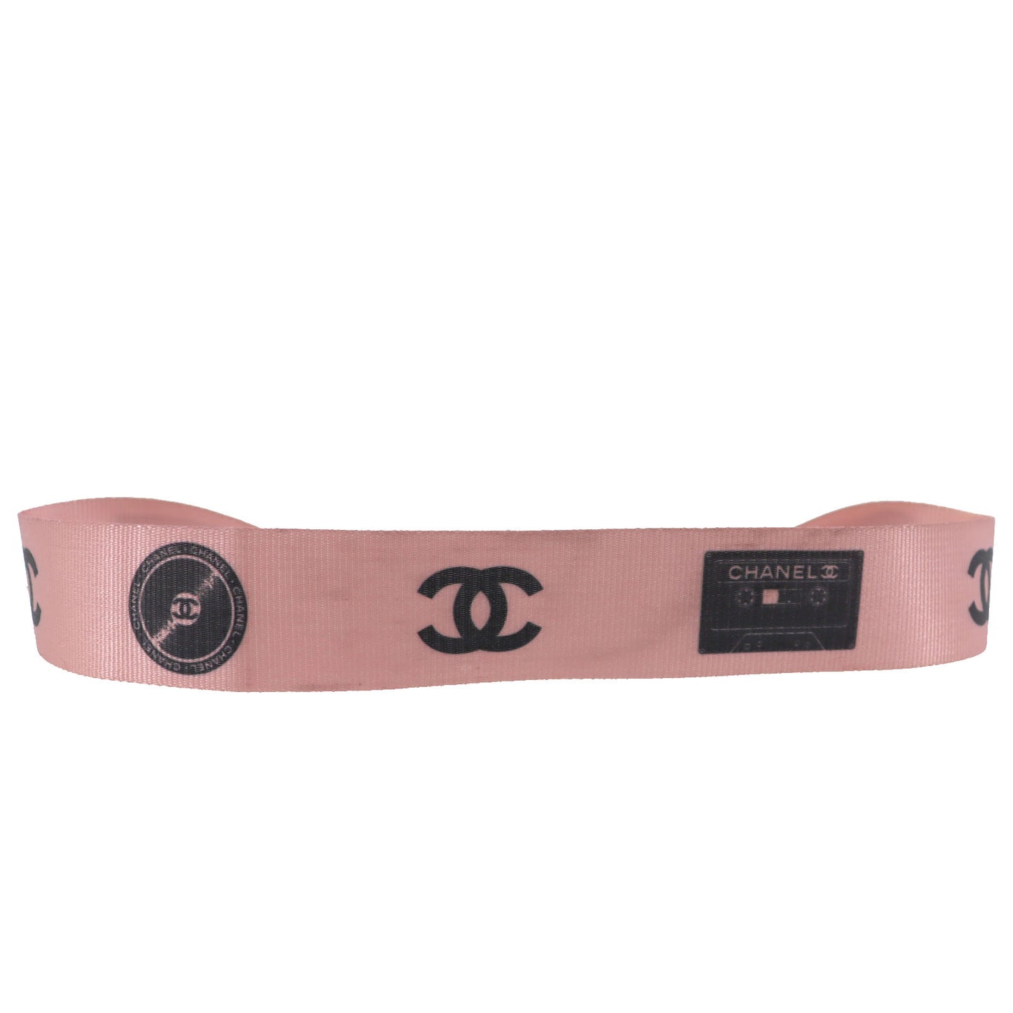 CHANEL CC Waist Belt Record Motif Pink Black Nylon Canvas Leather #AG91