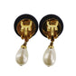 CHANEL CC Logos Pearl Earrings Black Gold Clip-On 96C  #BR700