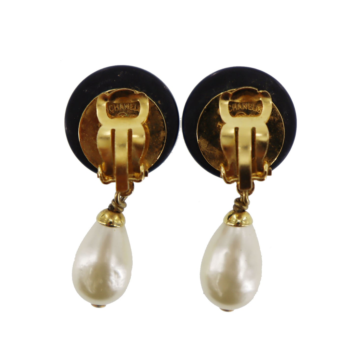 CHANEL CC Logos Pearl Earrings Black Gold Clip-On 96C  #BR700