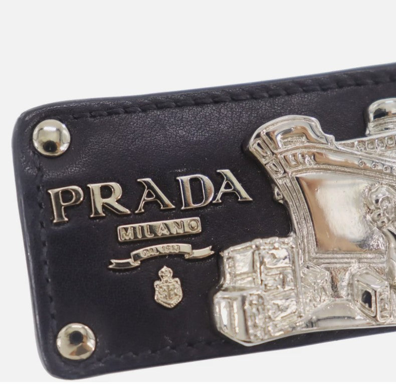 PRADA Logos Used Ship Motif Bag Charm Black Leather Vintage #EA483 S