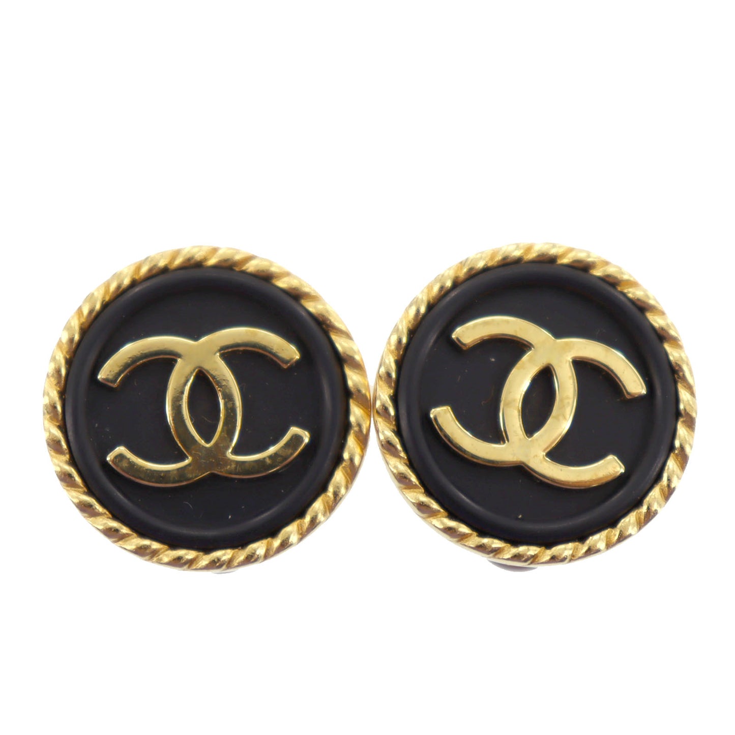 CHANEL Logos Earrings Gold Black Clip-On 97P #AG754