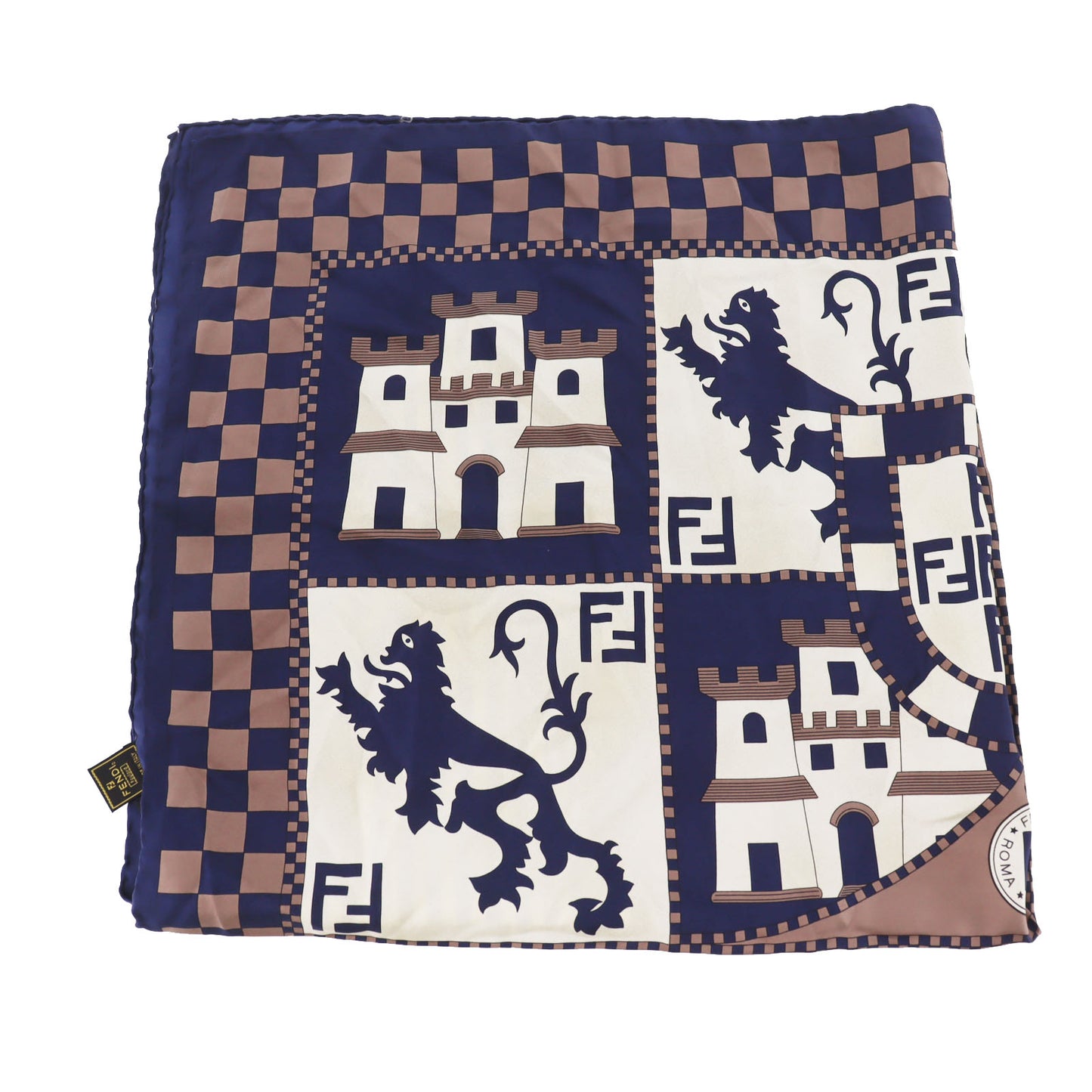 FENDI Used Zucca Scarf Navy Brown Silk Vintage #DA837