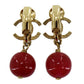 CHANEL CC Circle Logos Stone Earrings Gold Red Clip-On #AF990