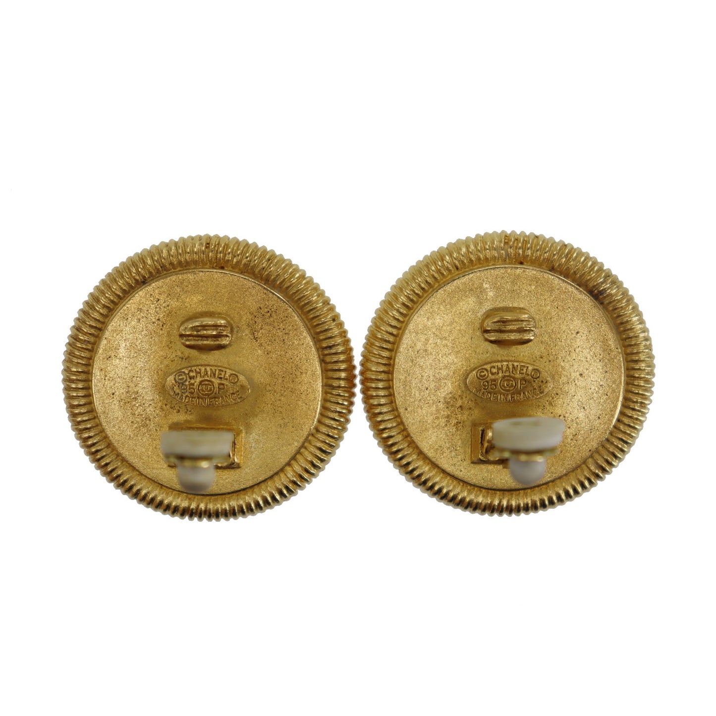 CHANEL CC Logos Circle Earrings Gold White Clip-On 95 P #CJ419