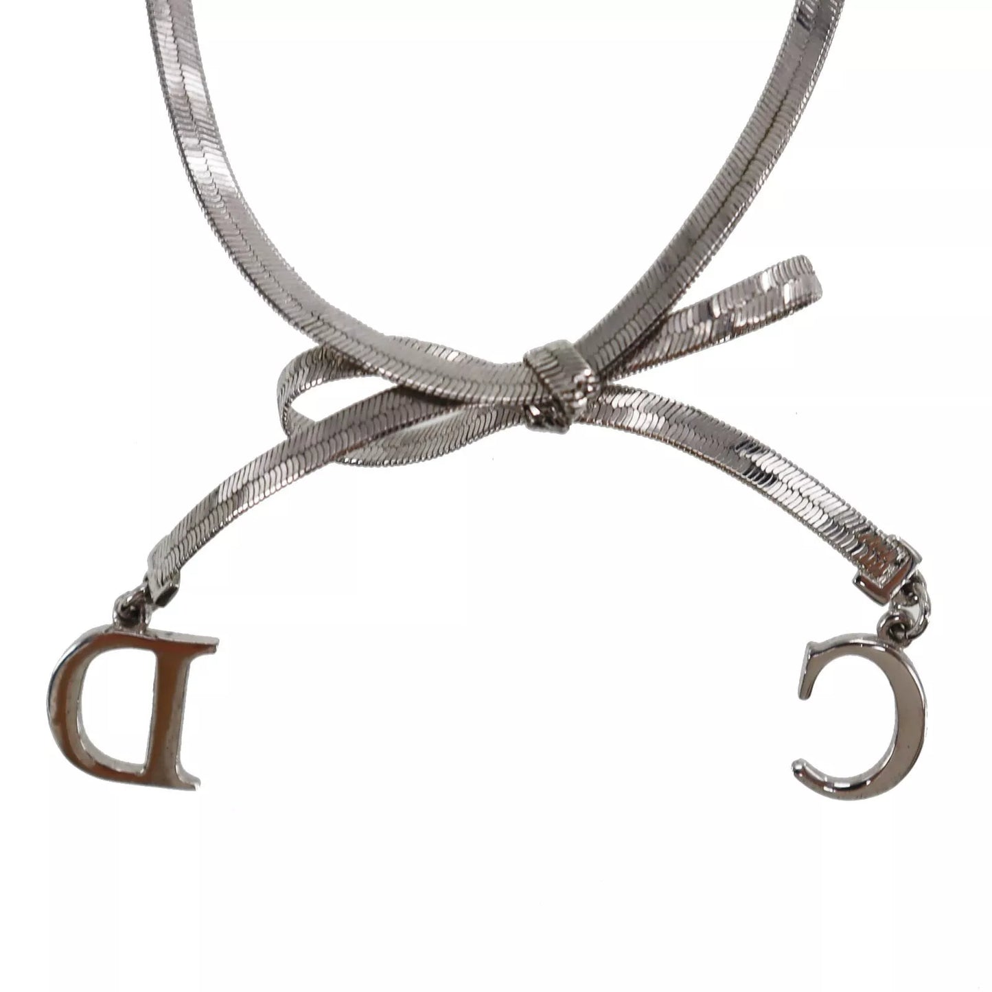 Christian Dior CD Logo Bow Necklace Choker Silver #DA509