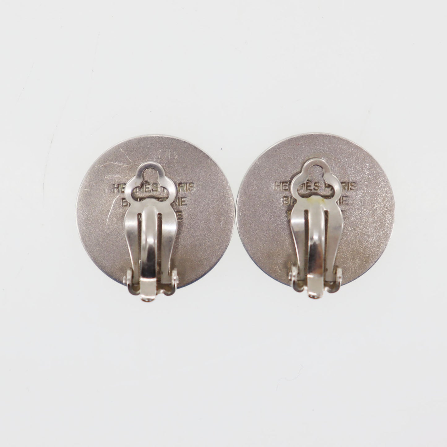 HERMES Logos Circle Silver Earrings Clip-On Vintage #EA249