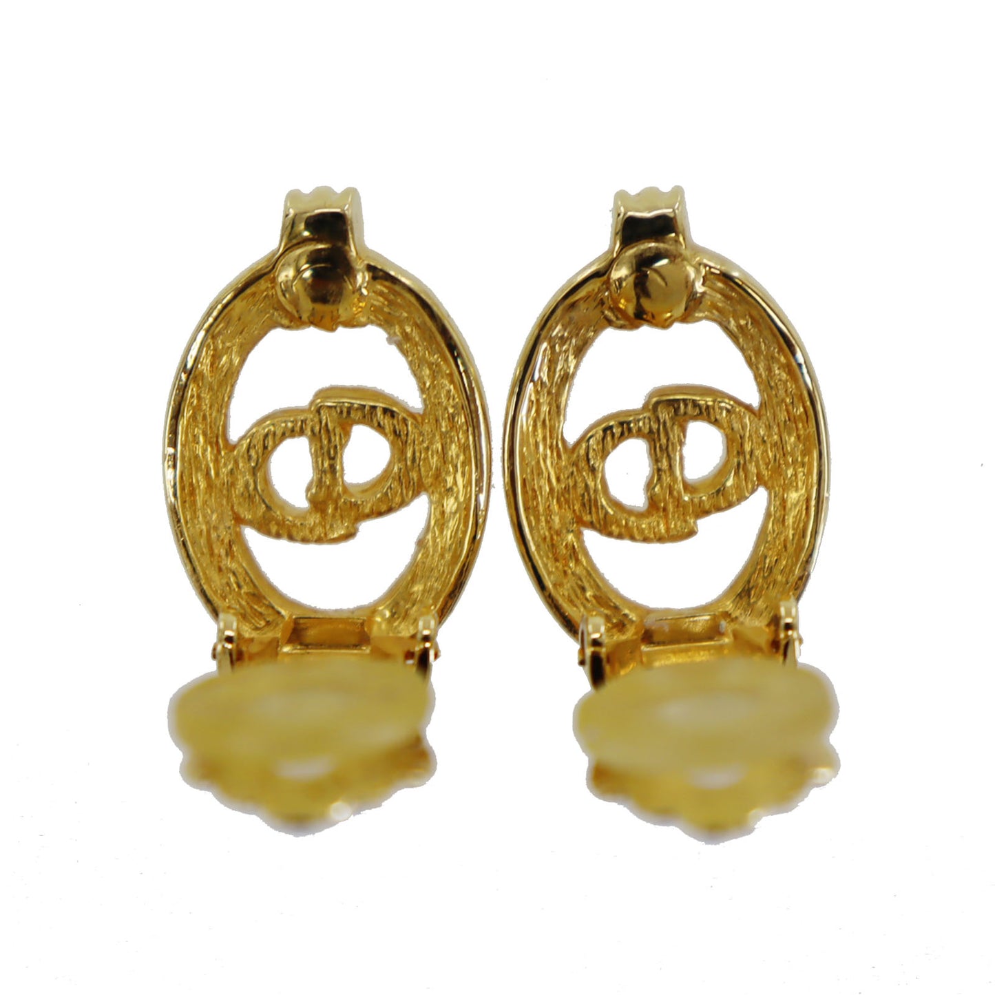 Christian Dior CD Logos Rhinestone Earrings Gold Plated #BL432