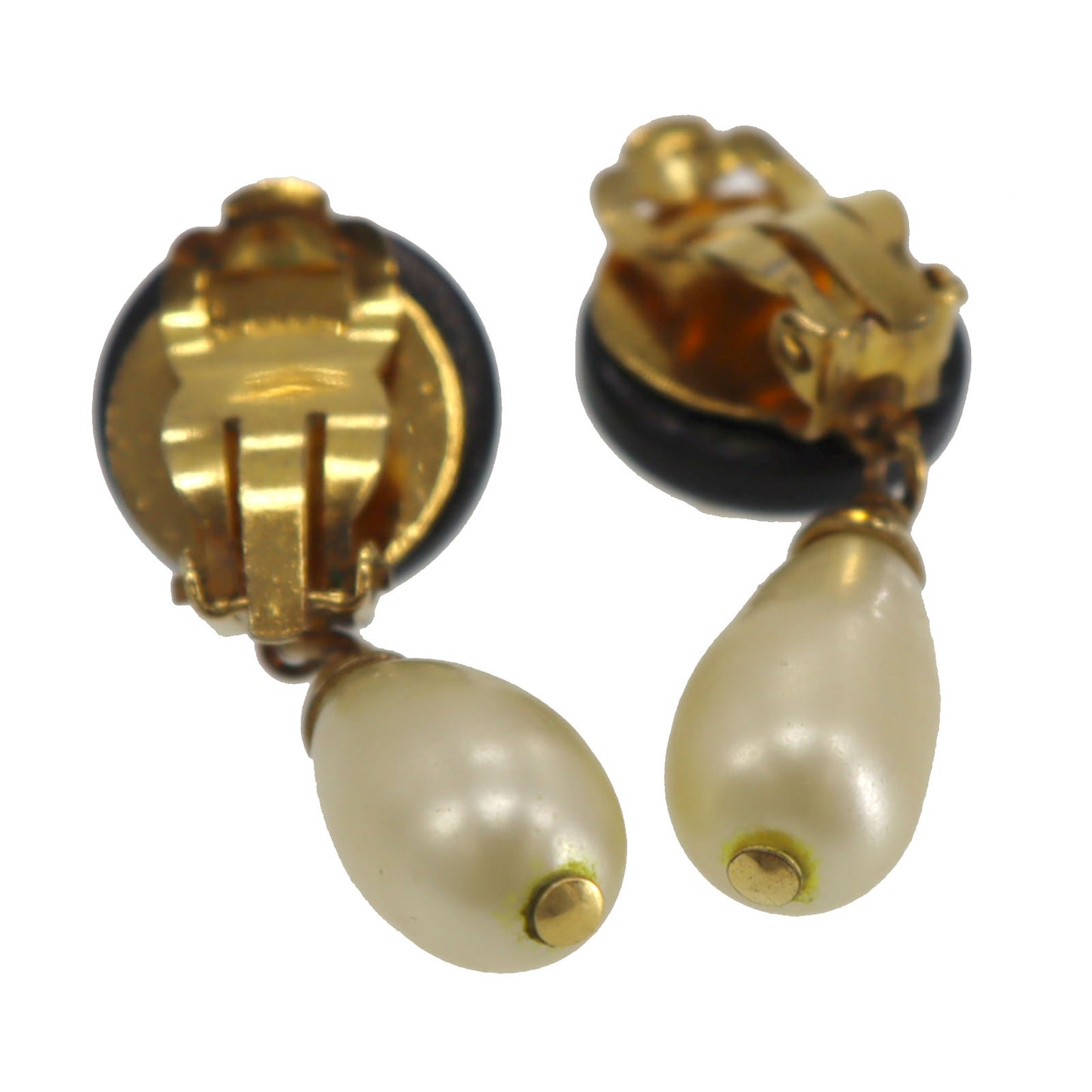 CHANEL CC Logos Pearl Swing Earrings Gold Black Clip-On 93A #CM8